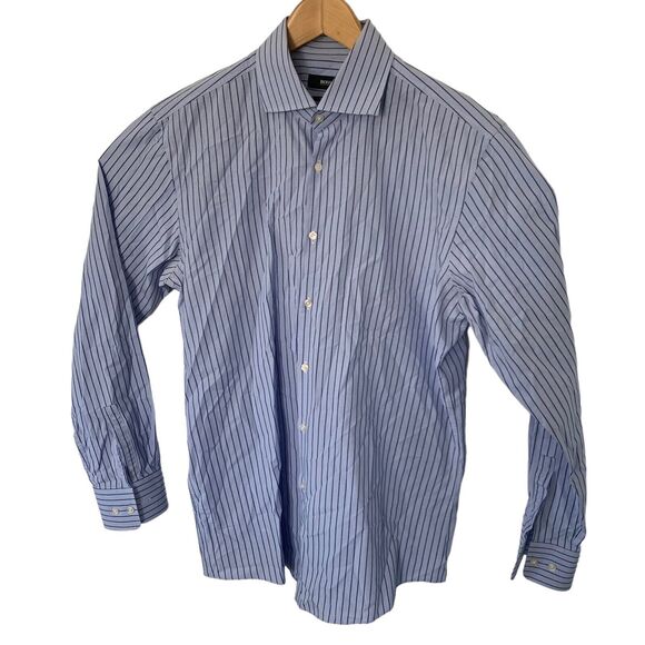BOSS Hugo Boss Shirt Mens Blue Stripe Sharp Fit Long Sleeve 16.5-34/35 Spread - Picture 3 of 6